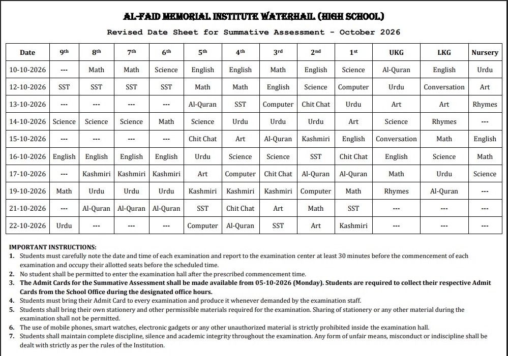 Revised Date Sheet for Summative Assessment - 2026