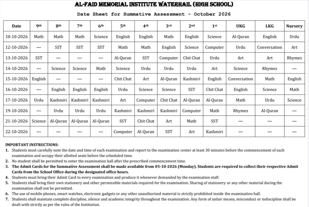 Summative Assessment Date Sheet - October 2026